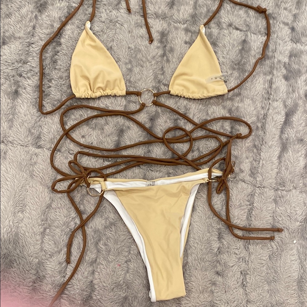 Tan and White Bikini with Brown Straps